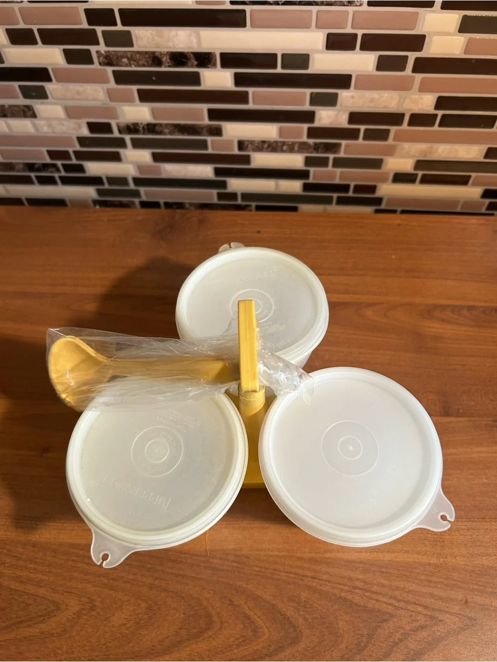 Vintage Harvest Gold Condiment Caddy with Lids & Ladles